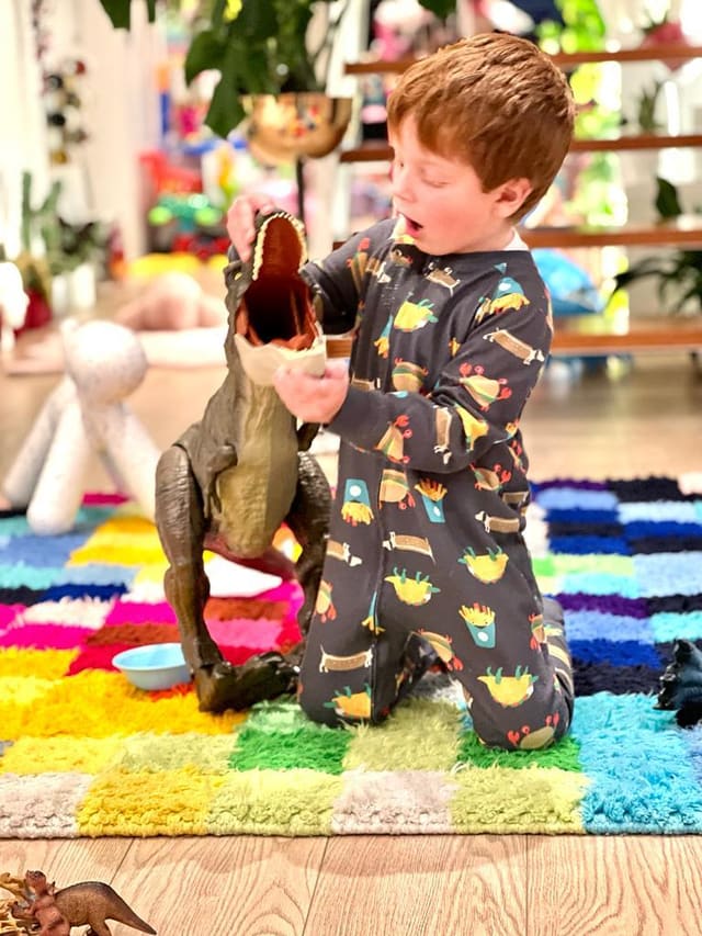 A toy T-rex resting on a soft rug at the end of the day
